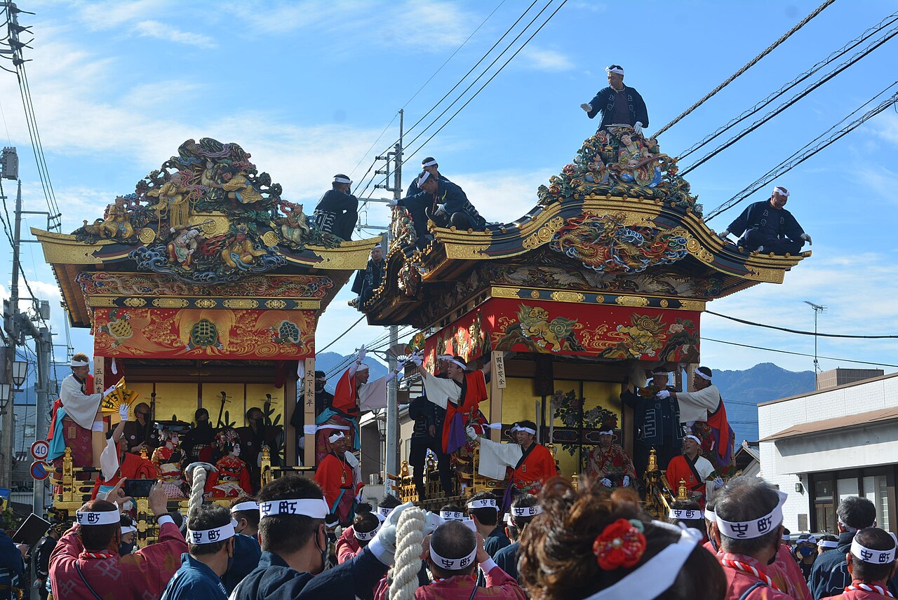 Chichibu Night Festival - The Nakamachi and Kamimachi floats passing each other in Chichibu