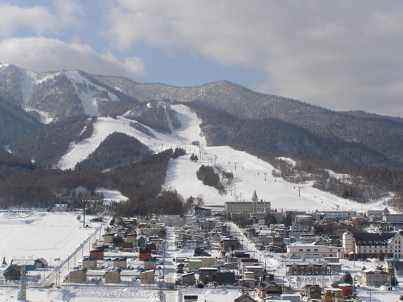Furano - Furano ski runs rising above the snowy town